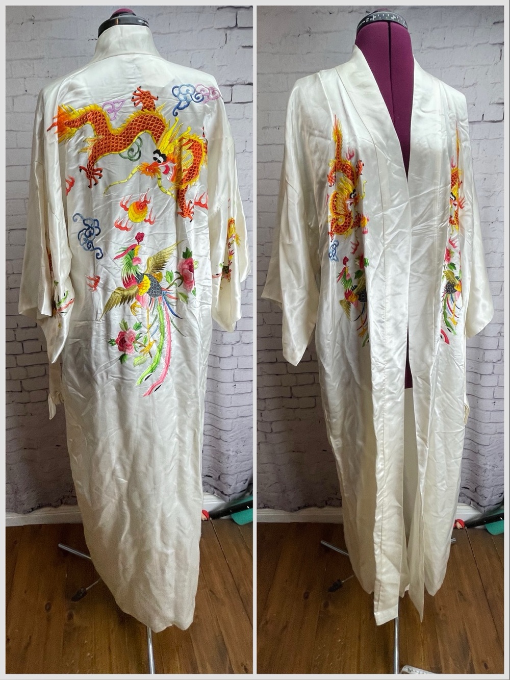 Golden bee vintage silk robe size large white with dragon and phoenix